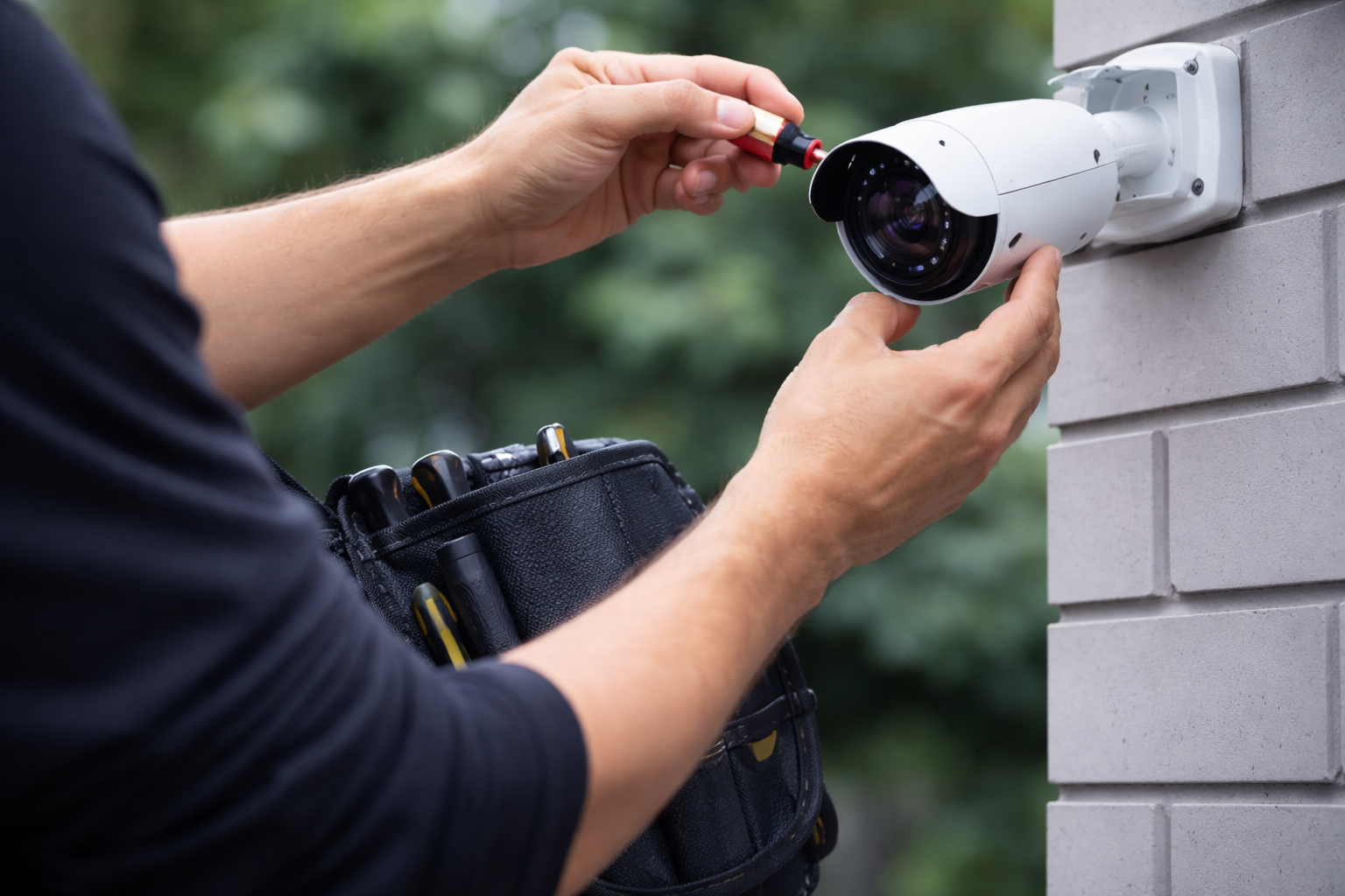technician adjusting outdoor security camera